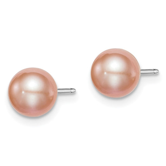 Rhodium-plated Sterling Silver 6-7mm Pink FWC Round Pearl Stud Earrings