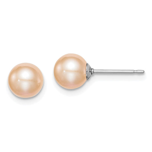 Rhodium-plated Sterling Silver 6-7mm Pink FWC Round Pearl Stud Earrings