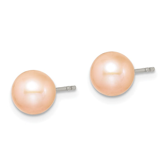 Rhodium-plated Sterling Silver 7-8mm Pink FWC Round Pearl Stud Earrings