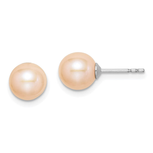 Rhodium-plated Sterling Silver 7-8mm Pink FWC Round Pearl Stud Earrings