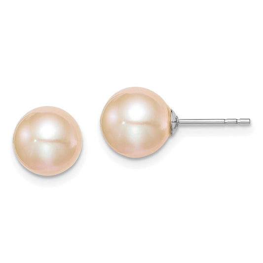 Rhodium-plated Silver 8-9mm Pink FWC Round Pearl Stud Earrings