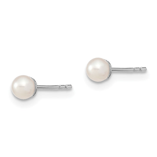 Rhodium-plated Sterling Silver 3-4mm White FWC Round Pearl Stud Earrings