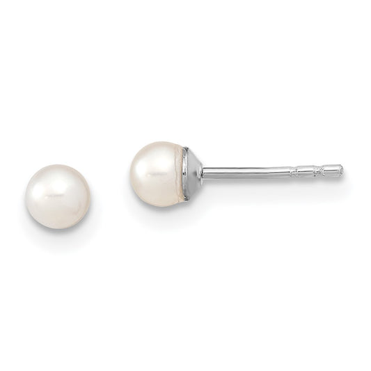 Rhodium-plated Sterling Silver 3-4mm White FWC Round Pearl Stud Earrings