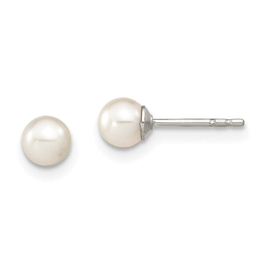 Rhodium-plated Silver 4-5mm White FWC Round Pearl Stud Earrings