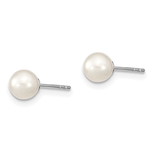 Rhodium-plated Sterling Silver 5-6mm White FWC Round Pearl Stud Earrings