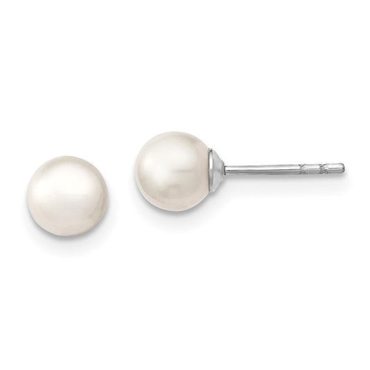 Rhodium-plated Sterling Silver 5-6mm White FWC Round Pearl Stud Earrings