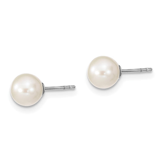 Rhodium-plated Silver 6-7mm White FWC Round Pearl Stud Earrings