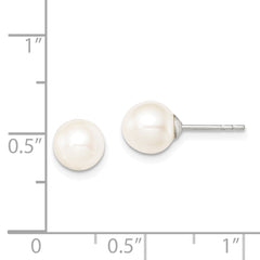 Rhodium-plated Silver 7-8mm White FWC Round Pearl Stud Earrings