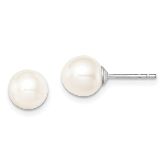 Rhodium-plated Silver 7-8mm White FWC Round Pearl Stud Earrings