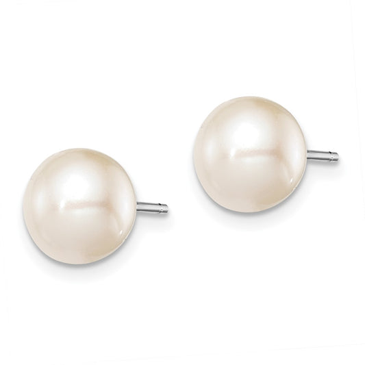 Rhodium-plated Silver 8-9mm White FWC Round Pearl Stud Earrings