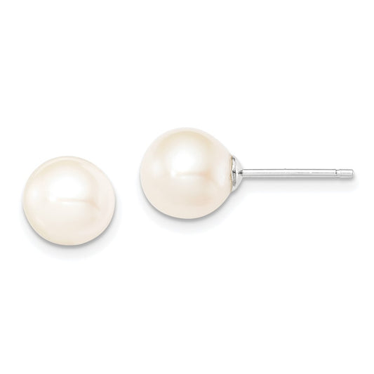 Rhodium-plated Silver 8-9mm White FWC Round Pearl Stud Earrings