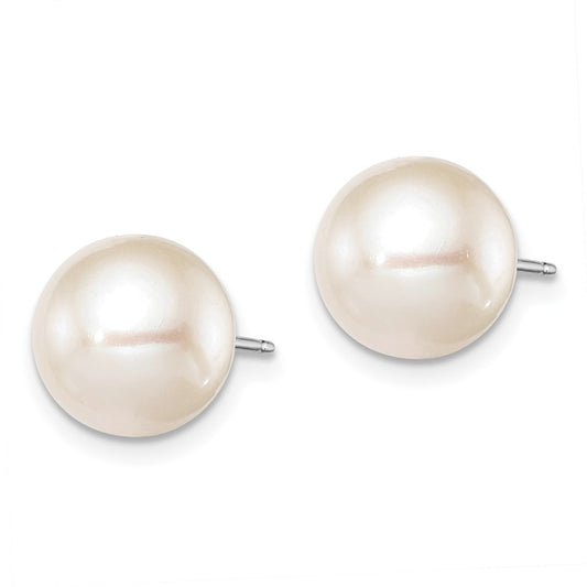 Rhodium-plated Silver 9-10mm White FWC Round Pearl Stud Earrings