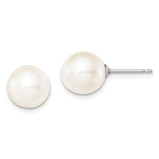 Rhodium-plated Silver 9-10mm White FWC Round Pearl Stud Earrings