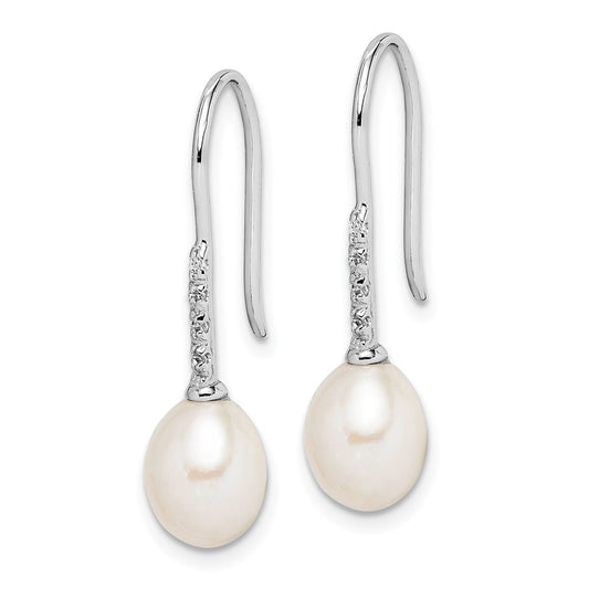 Rhodium-plated Sterling Silver 7-8mm White FWC Pearl CZ Dangle Earrings