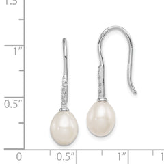 Rhodium-plated Sterling Silver 7-8mm White FWC Pearl CZ Dangle Earrings