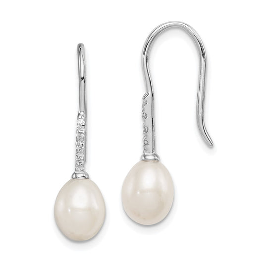 Rhodium-plated Sterling Silver 7-8mm White FWC Pearl CZ Dangle Earrings