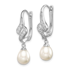 Rhodium-plated Sterling Silver 7-8mm White FWC Pearl CZ Leverback Earrings