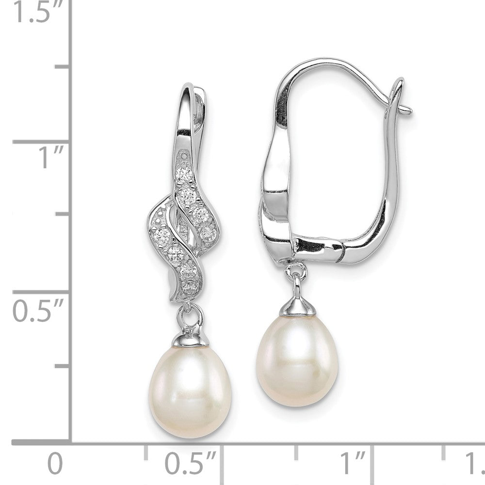 Rhodium-plated Sterling Silver 7-8mm White FWC Pearl CZ Leverback Earrings