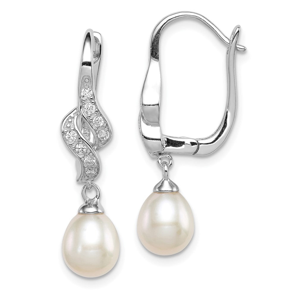 Rhodium-plated Sterling Silver 7-8mm White FWC Pearl CZ Leverback Earrings