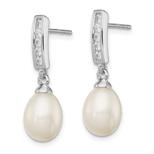 Rhodium-plated Sterling Silver 8-9mm White FWC Pearl CZ Post Dangle Earrings