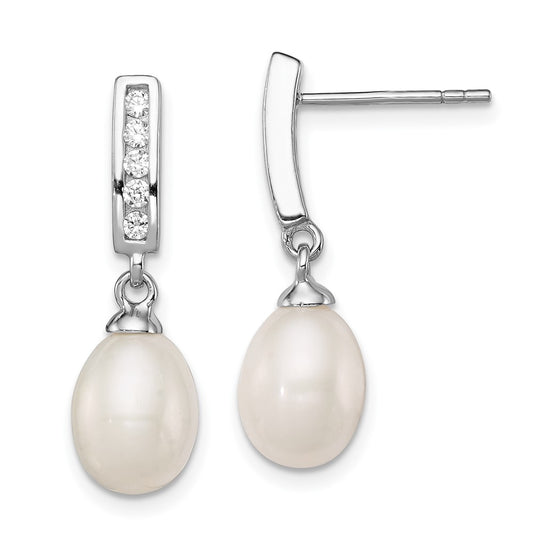 Rhodium-plated Sterling Silver 8-9mm White FWC Pearl CZ Post Dangle Earrings