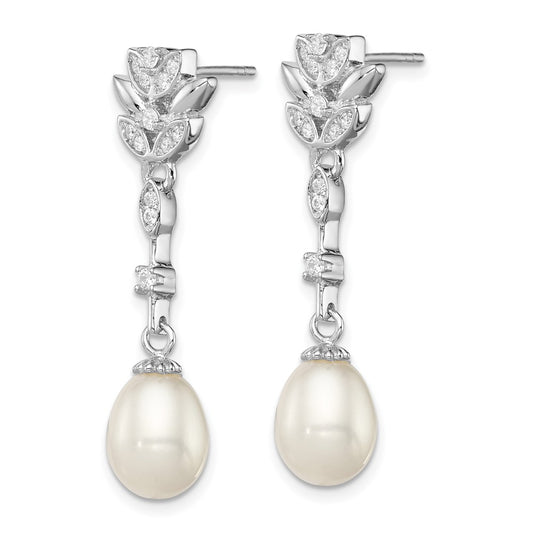 Rhodium-plated Sterling Silver 8-9mm White FWC Pearl CZ Post Dangle Earrings