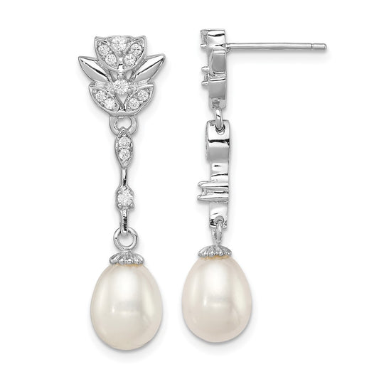 Rhodium-plated Sterling Silver 8-9mm White FWC Pearl CZ Post Dangle Earrings