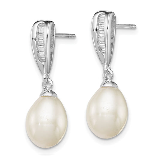 Rhodium-plated Sterling Silver 7-8mm White FWC Pearl CZ Dangle Earrings