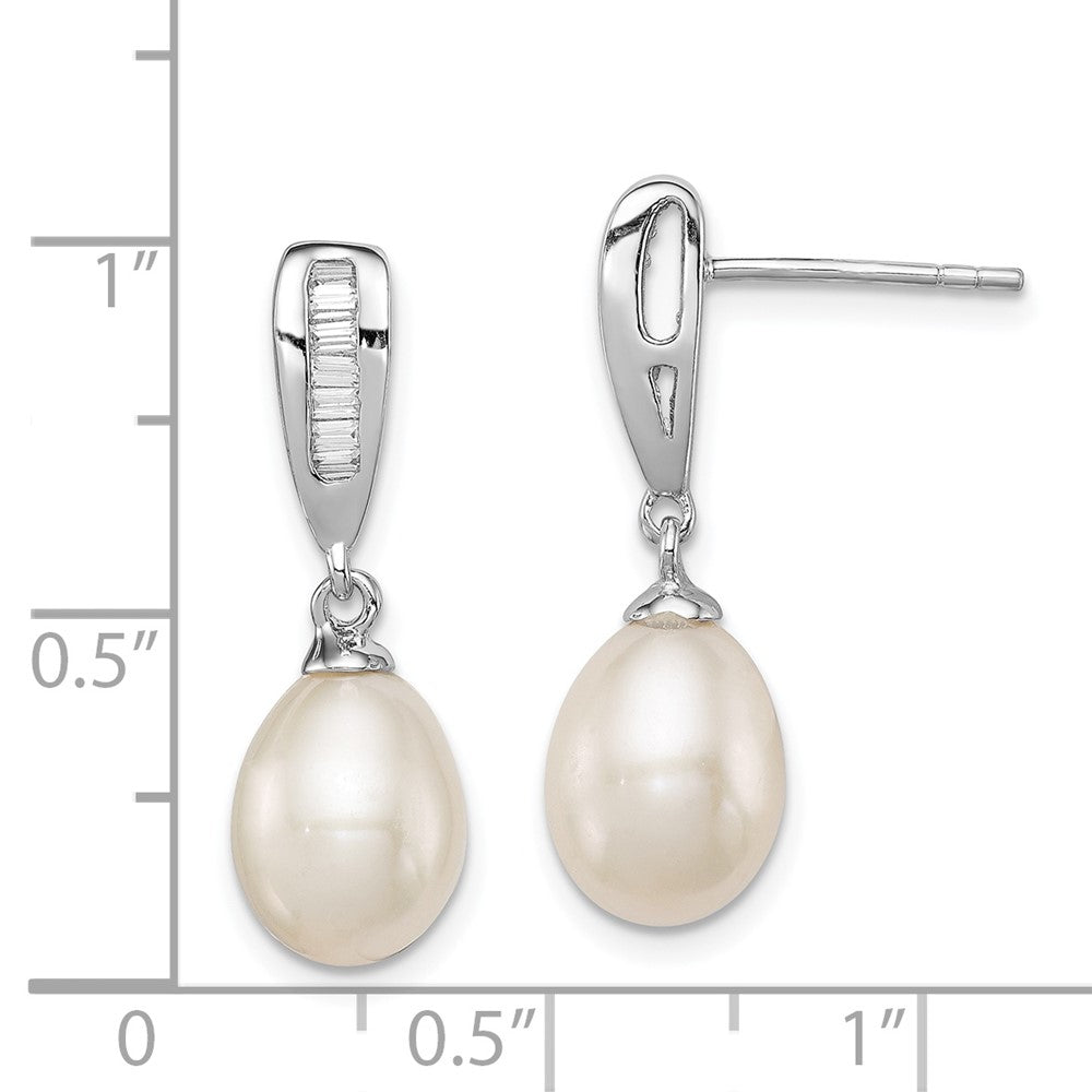 Rhodium-plated Sterling Silver 7-8mm White FWC Pearl CZ Dangle Earrings