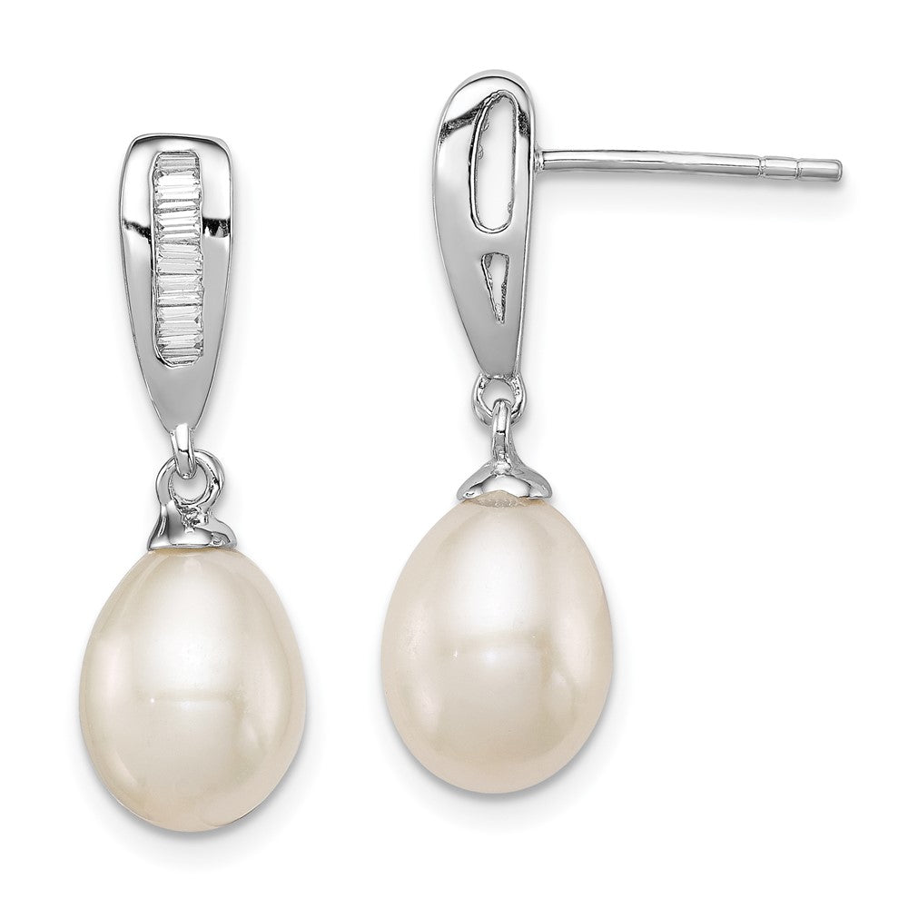 Rhodium-plated Sterling Silver 7-8mm White FWC Pearl CZ Dangle Earrings