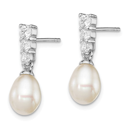 Rhodium-plated Sterling Silver 7-8mm White FWC Pearl CZ Post Dangle Earrings