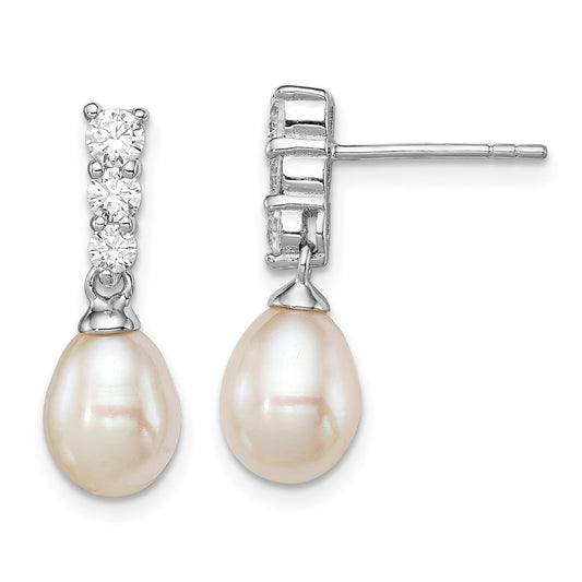 Rhodium-plated Sterling Silver 7-8mm White FWC Pearl CZ Post Dangle Earrings