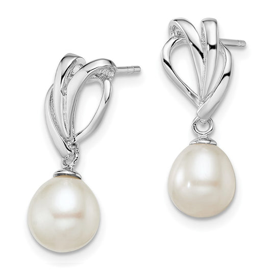 Rhodium-plated Sterling Silver 7-8mm White FWC Pearl Post Dangle Earrings