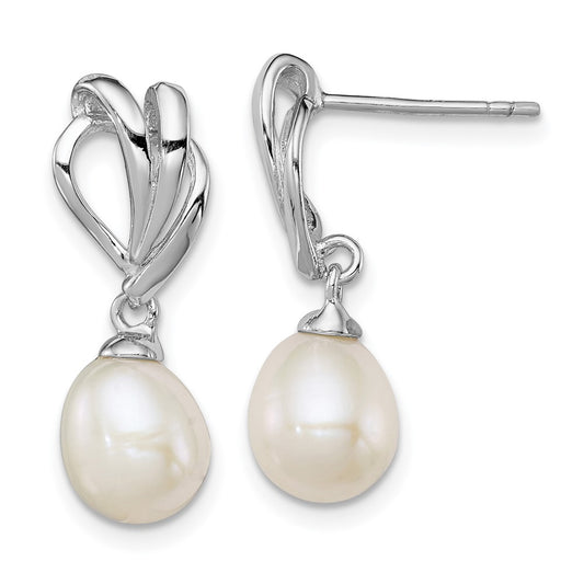 Rhodium-plated Sterling Silver 7-8mm White FWC Pearl Post Dangle Earrings