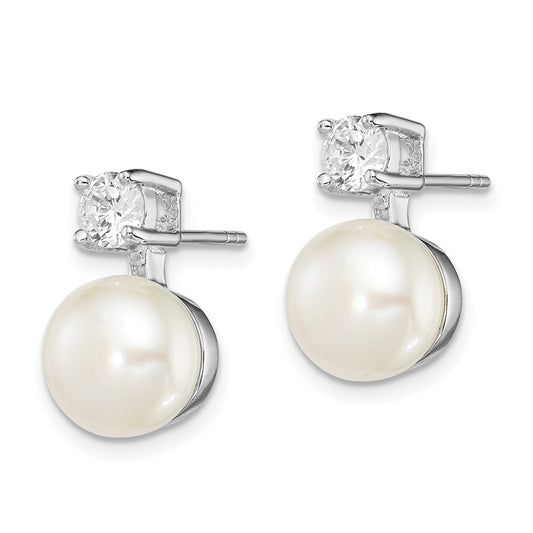 Rhodium-plated Sterling Silver 7-8mm White FWC Pearl CZ Post Earrings