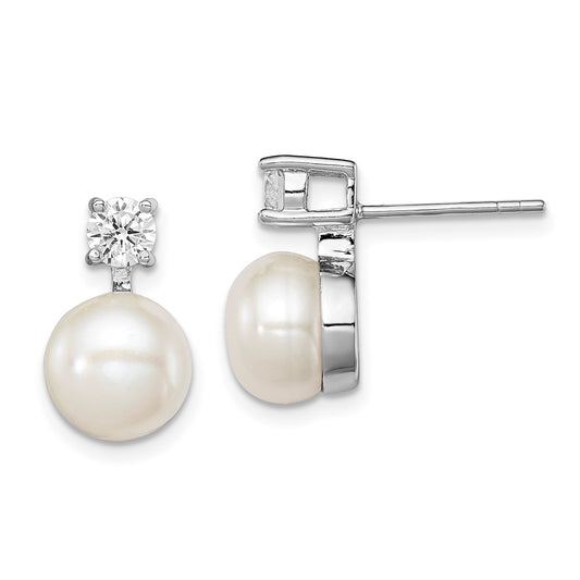 Rhodium-plated Sterling Silver 7-8mm White FWC Pearl CZ Post Earrings