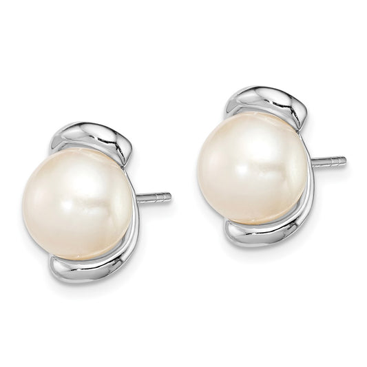 Rhodium-plated Sterling Silver 8-9mm White FWC Pearl Post Earrings