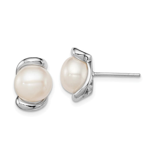 Rhodium-plated Sterling Silver 8-9mm White FWC Pearl Post Earrings