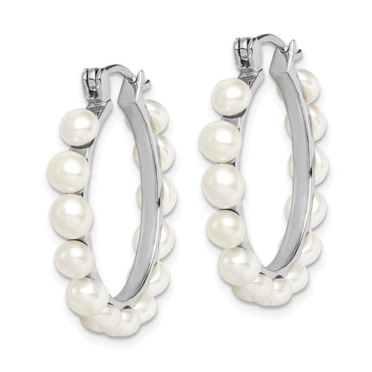 Rhodium-plated Sterling Silver 4-5mm White FWC Pearl Hoops