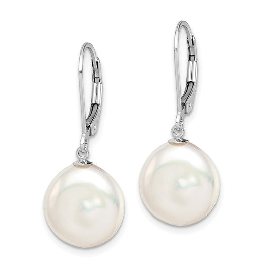 Rhodium-plated Sterling Silver 12-13mm White FWC Coin Pearl Leverback Earrings