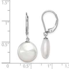 Rhodium-plated Sterling Silver 12-13mm White FWC Coin Pearl Leverback Earrings