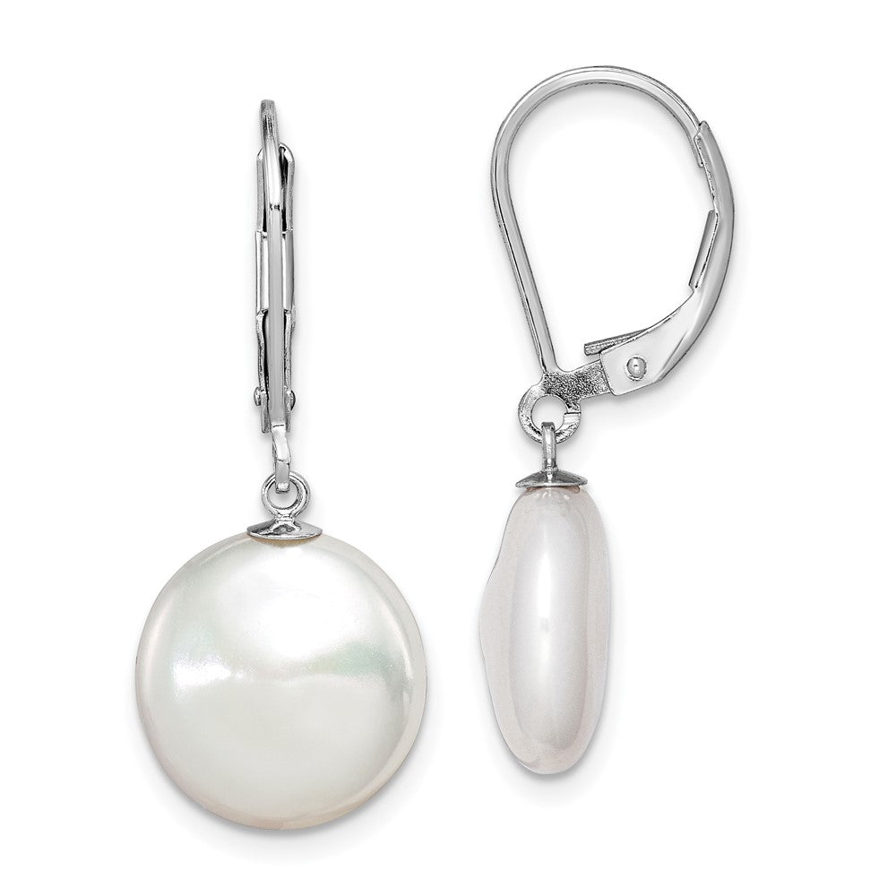 Rhodium-plated Sterling Silver 12-13mm White FWC Coin Pearl Leverback Earrings