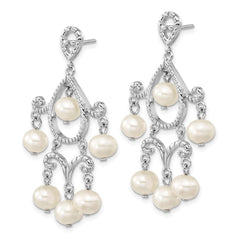 Rhodium-plated Sterling Silver 5-6mm White FWC Pearl Post Dangle Earrings