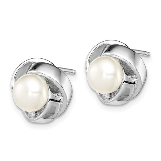 Rhodium-plated Sterling Silver 6-7mm White FWC Pearl Knot Post Earrings