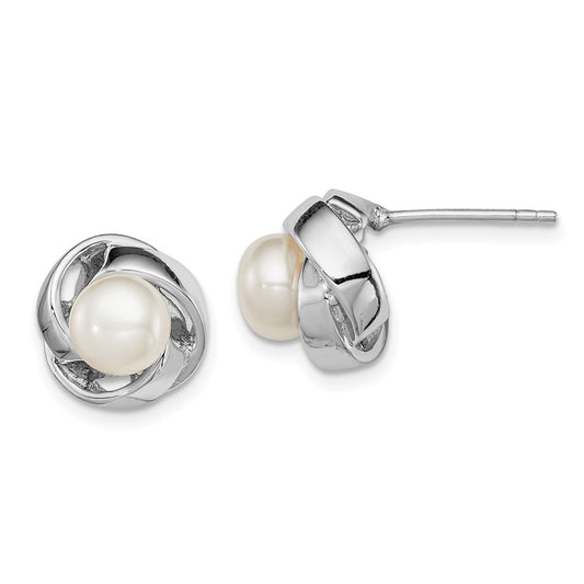 Rhodium-plated Sterling Silver 6-7mm White FWC Pearl Knot Post Earrings