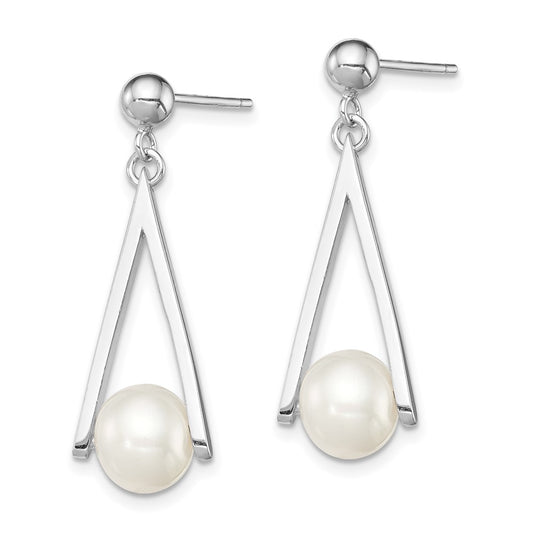 Rhodium-plated Sterling Silver 8-9mm White FWC Pearl Post Dangle