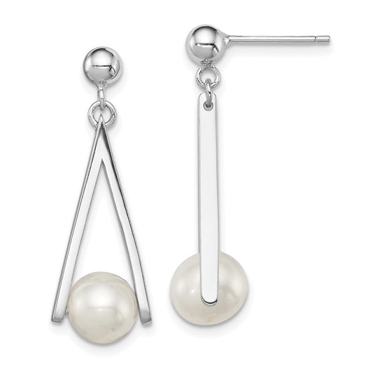 Rhodium-plated Sterling Silver 8-9mm White FWC Pearl Post Dangle