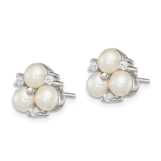 Rhodium-plated Sterling Silver 5-6mm White FWC 3-Pearl CZ Post Earrings