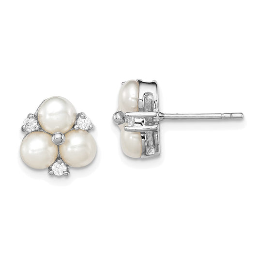 Rhodium-plated Sterling Silver 5-6mm White FWC 3-Pearl CZ Post Earrings