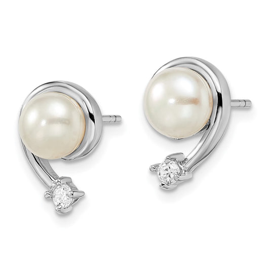 Rhodium-plated Sterling Silver 7-8mm White FWC Pearl CZ Post Earrings